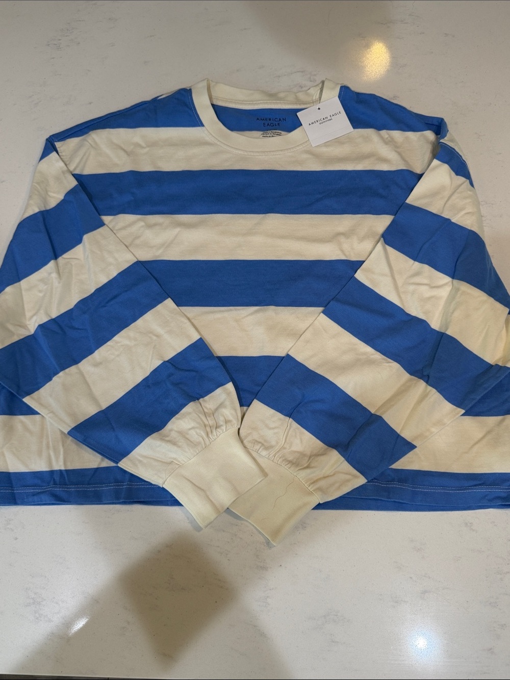 American Eagle Blue & Cream Stripe Long Sleeve Tee